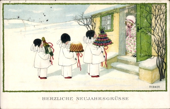 Artist Postcard Ebner, Pauli, congratulations on the New Year, bouquet of flowers, cake, champagne bottle, harlequin