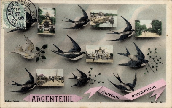 Ak Argenteuil Val d'Oise, Teilansichten, Bahnhof, Schwalben
