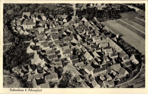 Postcard Bieberehren in Lower Franconia, aerial view of the village with many roofs, rural surroundings