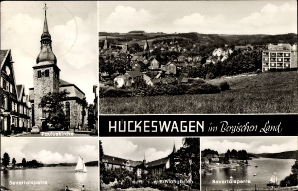 Postcard Hückeswagen in the Oberbergischer Kreis, Pauluskirche, Bevertalsperre, panorama, castle garden