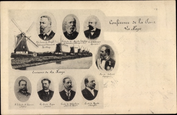 Postcard Conference de la Paix La Haye, Windmill, Dutch politicians