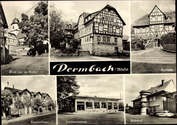 Postcard Dermbach in der Röhn Thuringia, train station, pharmacy, hospital, church, country store