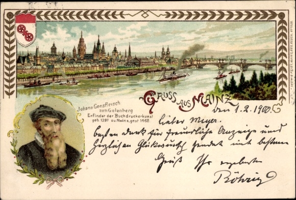 Chromo-Litho Mainz, Johann Gensfleisch zum Gutenberg, inventor of the art of printing, panorama
