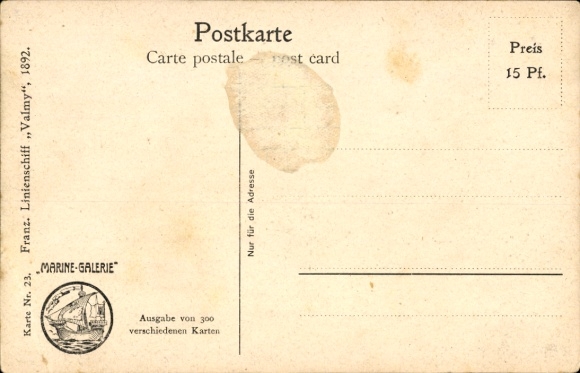 Artist Postcard Rave, Chr., Marine Gallery 23, French warship, ship of the line, Valmy, 1892