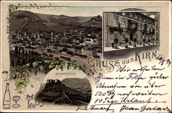 Litho Kirn an der Nahe in Rheinland Pfalz, Totalansicht vom Ort, Kyrburg, Hotel Stroh