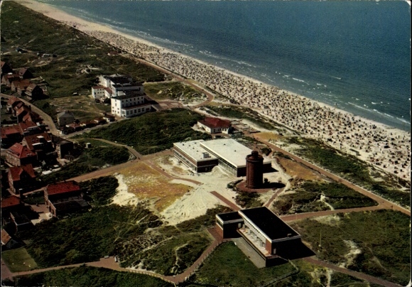 Postcard North Sea resort Juist in East Frisia, aerial view beach, houses, people, North Sea, Juist