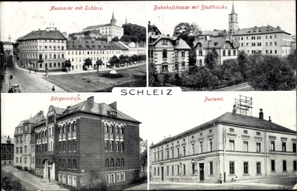 Ak Schleiz im Vogtland Thüringen, Neumarkt mit Schloss, Bahnhofstraße mit Stadtkirche, Bürgerschu