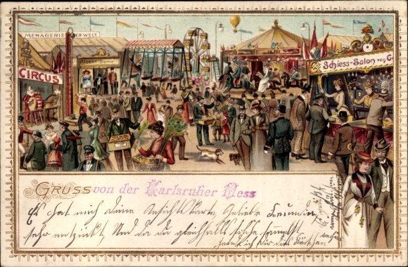 Embossed Chromo-Litho Karlsruhe in Baden Württemberg, Karlsruher Mess, Kirchmess, fairground rides, circus