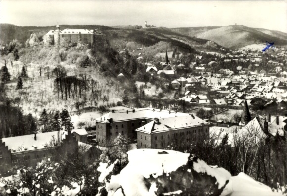 Postcard Blankenburg am Harz, snow-covered landscape, castle on the mountain, small town in the valley
