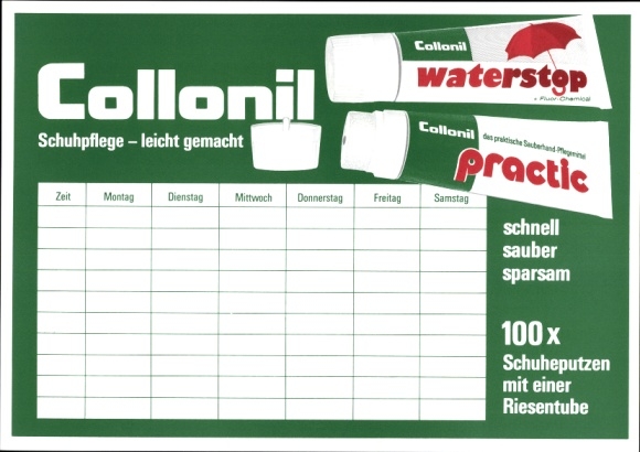 Timetable for Collonil shoe care, cleaning shoes with a giant tube around 1980