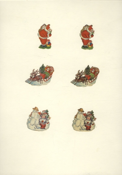 6 Oblaten Weihnachtsmänner mit Kinderspielzeug, Rentierschlitten, Kind mit Schneemann, ca. 4x4 cm