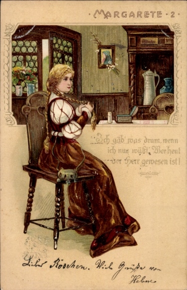 litho Margarete, het kan me niets schelen, portret van een vrouw, Faust, Goethe