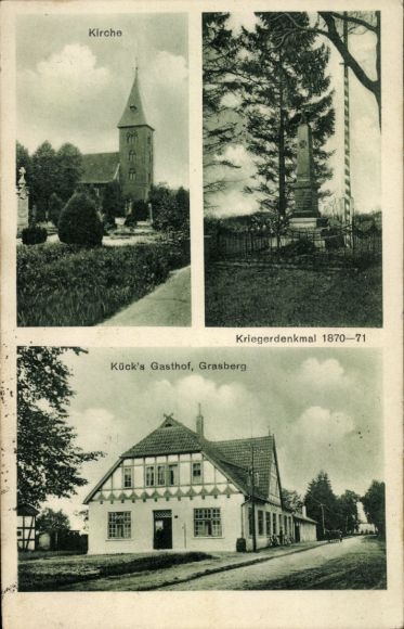 Postcard Grasberg in Lower Saxony, church, war memorial, Kück's Gasthof
