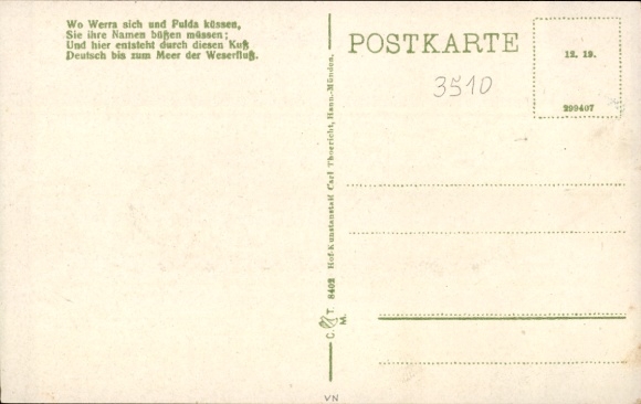 Postcard Hann. Münden in Lower Saxony, Weserstein, confluence of the Werra and Fulda, Weserlied