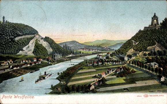 Postcard Porta Westfalica, panoramic view, Kaiserdenkmal, steamer, Wittekindsberg