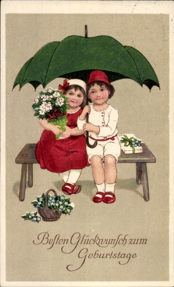 Gratulacje z okazji urodzin, dzieci pod parasolem, kwiaty