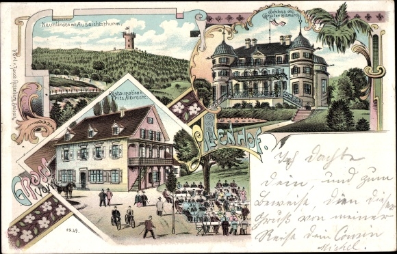 Postcard Münzensheim Kraichtal in Baden, Neunlinden, observation tower, castle d. Count Bismarck, Restaurant