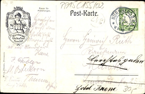 Postwaardestuk kunstenaarskaart Dotzler, Carl, Neurenberg in Midden-Franken, volksfeest 1909
