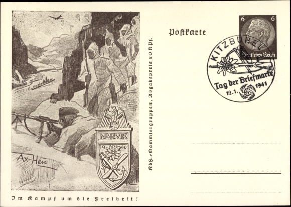 Postal stationery artist PC Axster Heudtlass, In the fight for freedom, Narvik, mountain troops in Norway