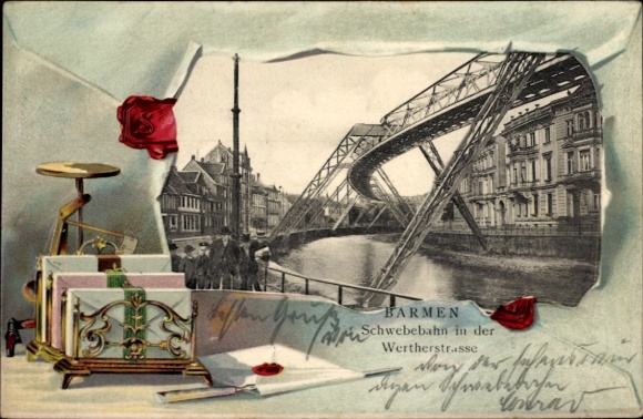 Embossed passepartout PC Barmen Wuppertal, suspension railway Wertherstraße, letters, letter scales, letter opener