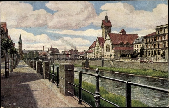 Postcard Pforzheim im Schwarzwald, Stadtbad, Gewerbeschule, Enz, Wiro 2678 B