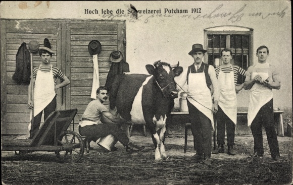 PC Potzham Taufkirchen near Munich, Long live the Swiss 1912, men in aprons, cow