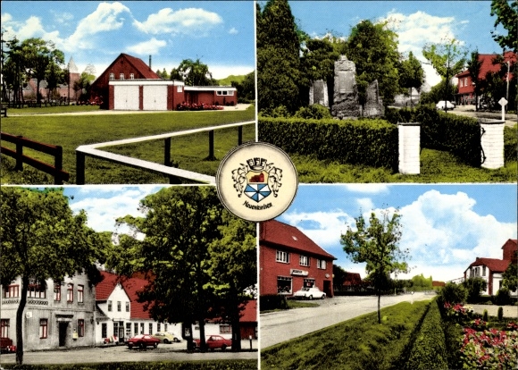 Postcard Neuenkirchen bei Bassum Kreis Diepholz, partial views, coat of arms, memorial