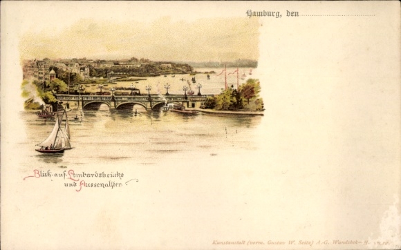 Postcard Hamburg Altona Neumühlen Oevelgönne, view of the Bombardsbeite, waterway, bridge, sailboat...