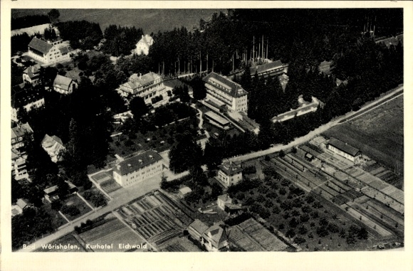 Postcard Bad Wörishofen in Unterallgäu, aerial photograph of Kurhotel Eichwald, trees, gardens, architecture