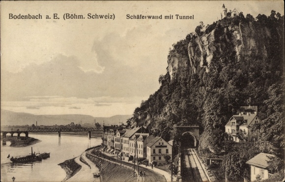 Postcard Děčín Tetschen Bodenbach Elbe Reg. Aussig, Schäferwand, railway line, tunnel