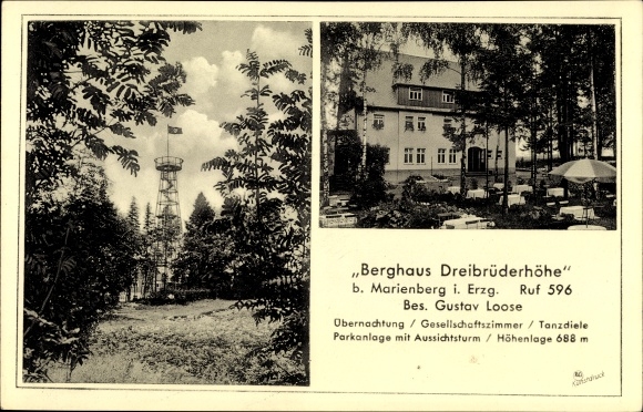 Postcard Marienberg in the Erzgebirge of Saxony, Berghaus Dreibrüderhöhe, Drei Brüderhöhe, observation tower