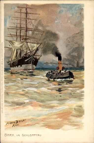 Artist Chromo-Litho Diemer, Zeno, barque brought up the Elbe by a tugboat