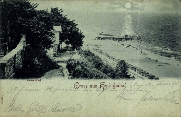 Postcard Ostseebad Heringsdorf on Usedom, women's bath from Kulm, beach chairs