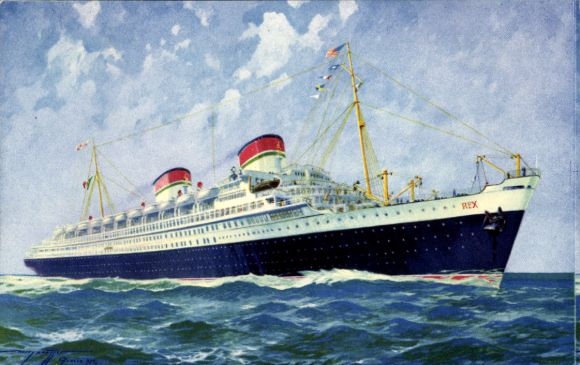 Artist Postcard Italian Line, SS Rex, Super Liner, Giant Steamship