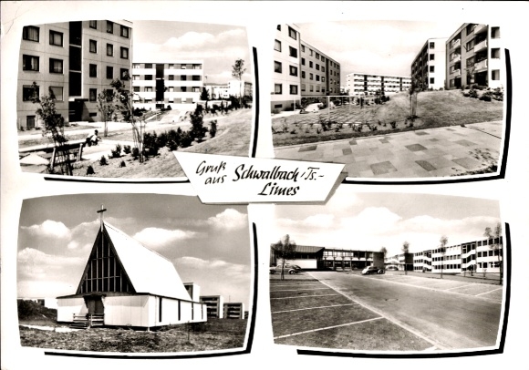 Postcard Schwalbach am Taunus Hessen, Limes, housing estate, church