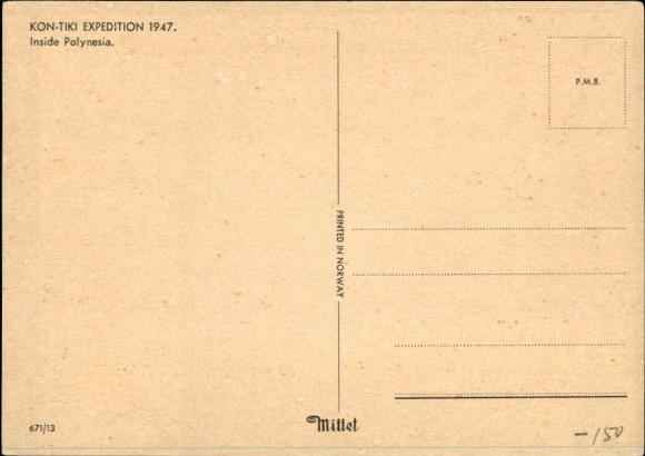 Postcard Kon-Tiki Expedition 1947, raft, Inside Polynesia