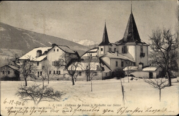 Ak La Rochette Savoie, kasteel, besneeuwd landschap, hoge torens