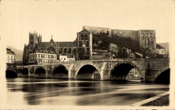 Postcard Huy Wallonia Liège, bridge, castle, building, water, black and white photo