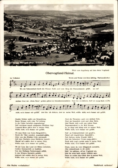 Song card Postcard Erlbach in the Vogtland, view from the Kegelberg, Upper Vogtland homeland
