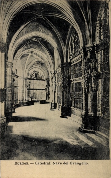 Ak Burgos Kastilien und León, Catedral, Nave del Evangelio,  Architektur, schwarz-weiß