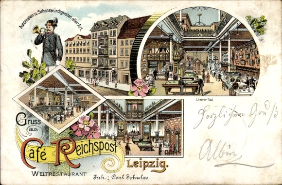 Chromo-Litho Leipzig in Saxony, Café Reichspost, vending machines, billiard room