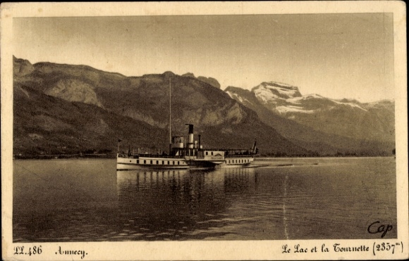 Postcard Annecy, steamer, mountains, Tournette