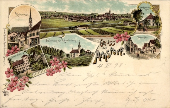 Chromo-Litho Arnstorf in Lower Bavaria, general view, Schlerburg, Upper Castle, Kirchstraße
