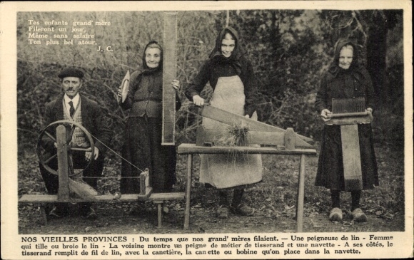 Postcard flax comber combing the flax, weaver's comb and shuttle, weaver