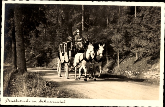 PC stagecoach in the Schwarzatal, two-horse team, in motion, path through the forest