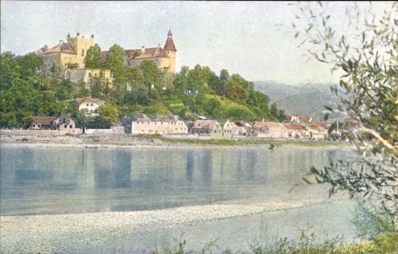 Postcard Ottensheim an der Donau Upper Austria, Danube Castle, green landscape, houses on the river