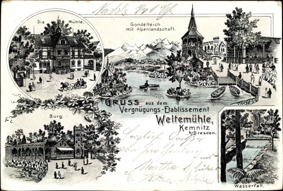 Chromo-Litho Dresden Cotta Kemnitz, amusement establishment Weltemühle, Alpine landscape, castle, waterfall