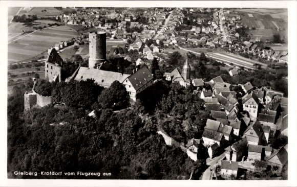 Postcard Krofdorf Gleiberg Wettenberg in Hesse, aerial photograph, Gleiberg, castle, houses, fields
