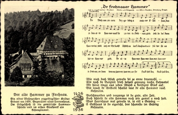Song Postcard Frohnau Annaberg Buchholz Erzgebirge, Dr Frohnaaer Hammer, Hammerschänke, Alfred Kaaden