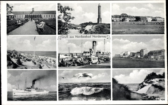 Ak Norderney, stoomboot, strandfoto's, vuurtoren, zeemeeuw, duinen